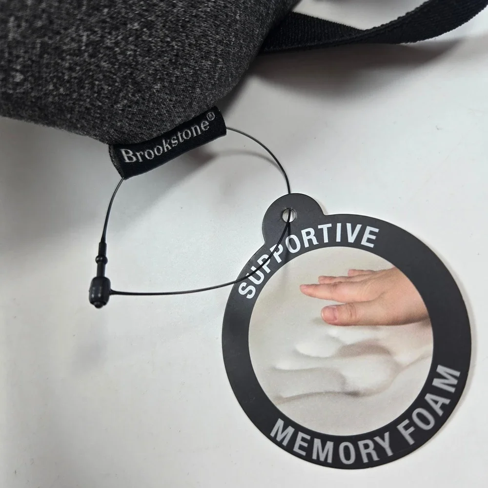 Brookstone Travel Neck Pillow Gray Memory Foam Supportive Luggage Strap NEW